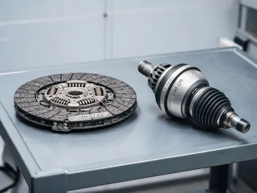 Specialist performance garage comparing CV joint and clutch parts